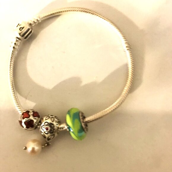 Authentic Pandora Snake Bracelet w/ 3 Charms - Picture 2 of 5